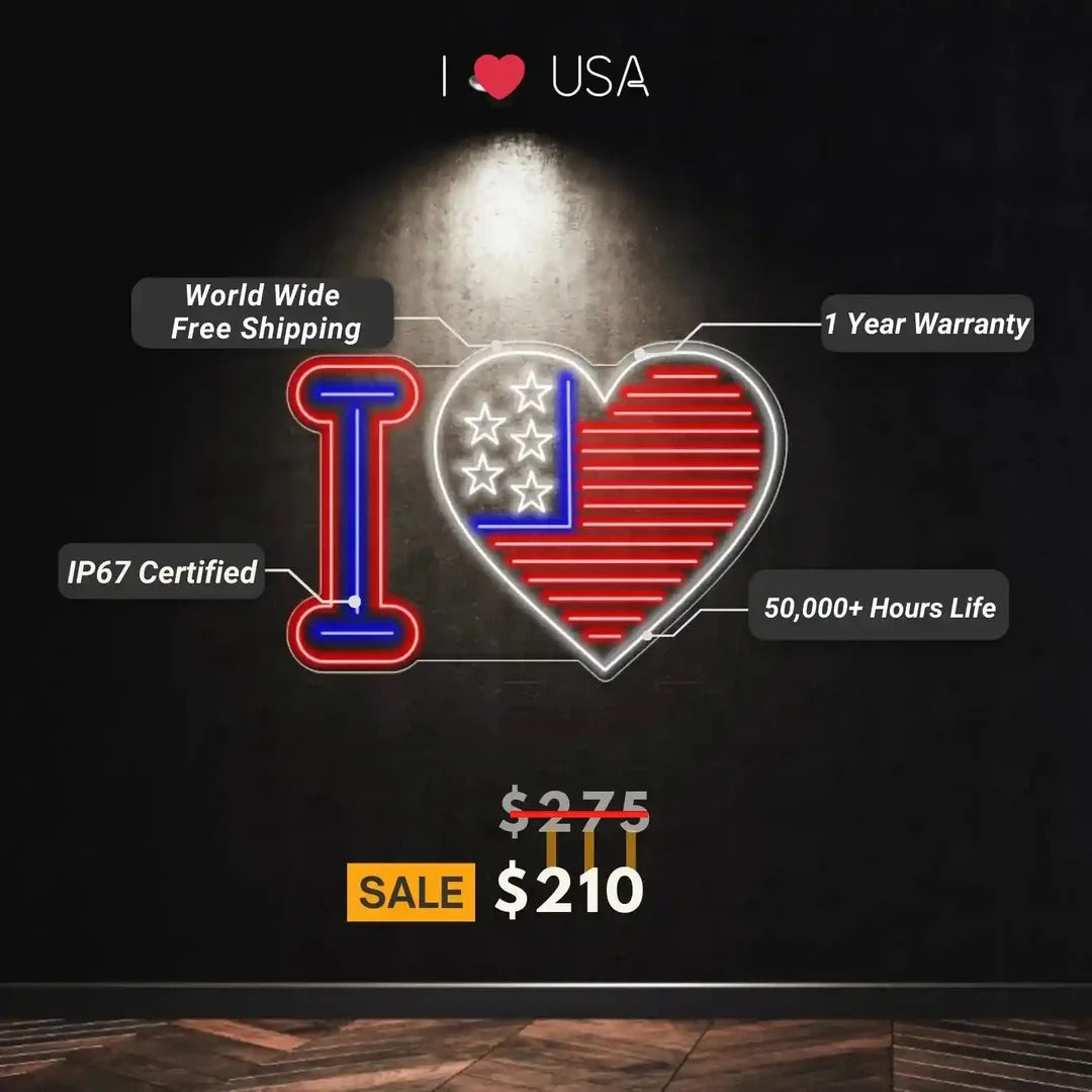 I love USA LED neon sign with a glowing heart, perfect for patriotic home décor and celebrations by Neon.Shop