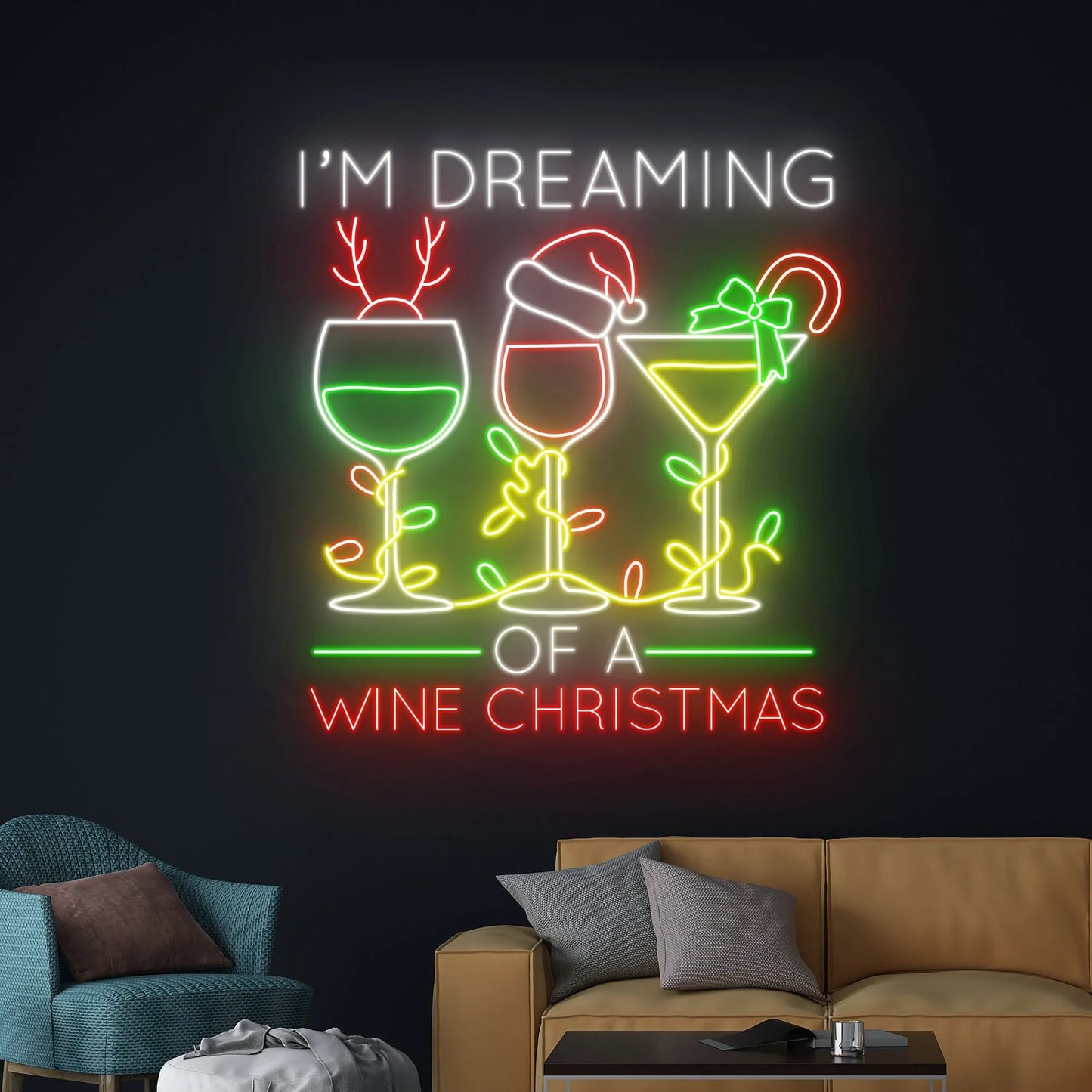 I’m Dreaming of a Wine Merry Christmas LED neon sign glowing in festive colors by Neon.Shop.