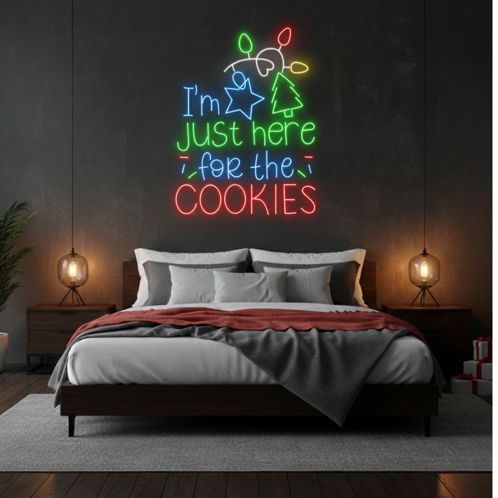 I’m Just Here for the Cookies Merry Christmas LED neon sign glowing in festive colors by Neon.Shop.