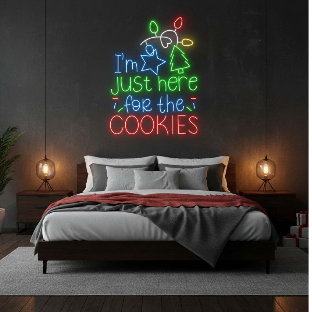 I’m Just Here for the Cookies Merry Christmas LED neon sign glowing in festive colors by Neon.Shop.
