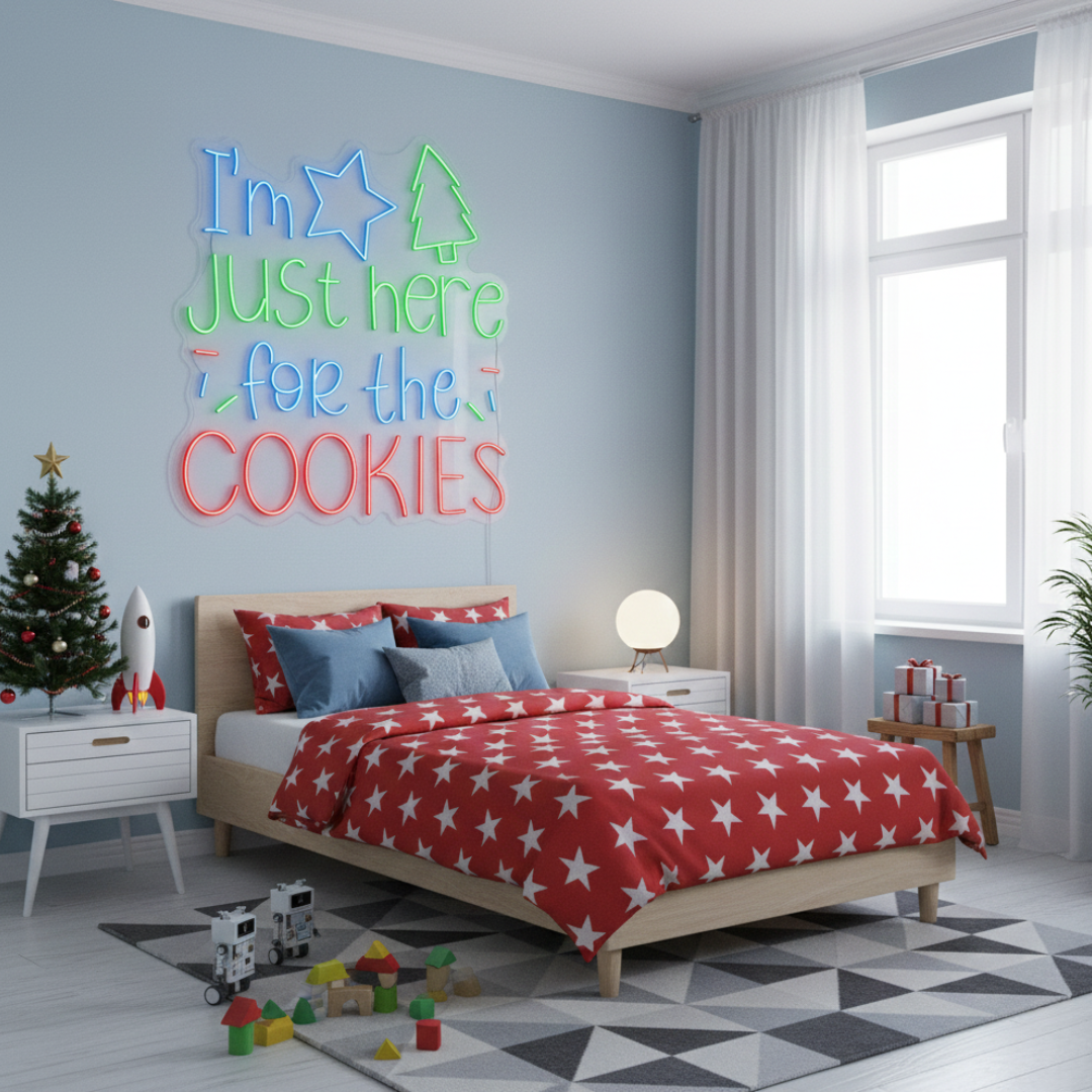 I’m Just Here for the Cookies Merry Christmas LED neon sign glowing in festive colors by Neon.Shop.