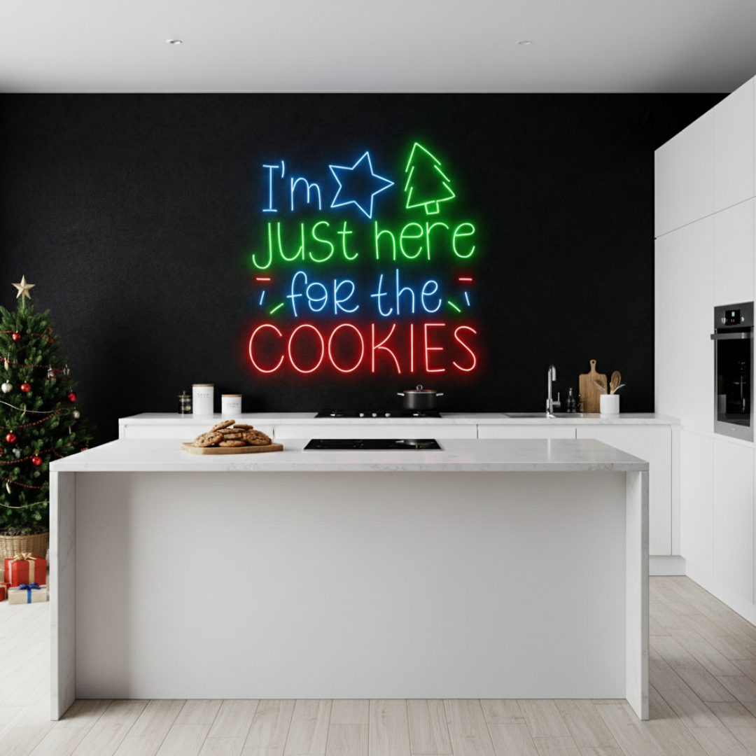 I’m Just Here for the Cookies Merry Christmas LED neon sign glowing in festive colors by Neon.Shop.