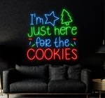 I’m Just Here for the Cookies Merry Christmas LED neon sign glowing in festive colors by Neon.Shop.