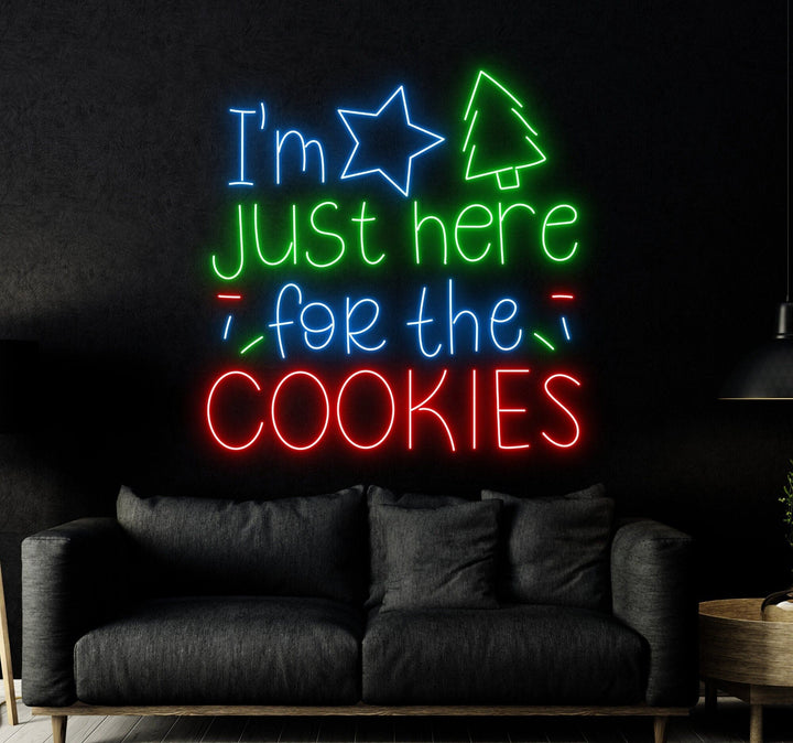 I’m Just Here for the Cookies Merry Christmas LED neon sign glowing in festive colors by Neon.Shop.
