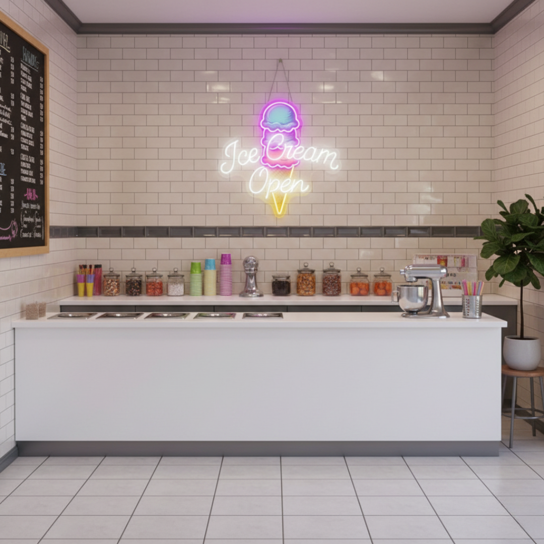 Ice Cream Open shop neon sign by Neon.Shop with vibrant glowing LED lights
