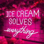 Ice Cream Solves Everything LED neon sign glowing brightly, ideal for ice cream shops, cafés, and playful home décor by Neon.Shop