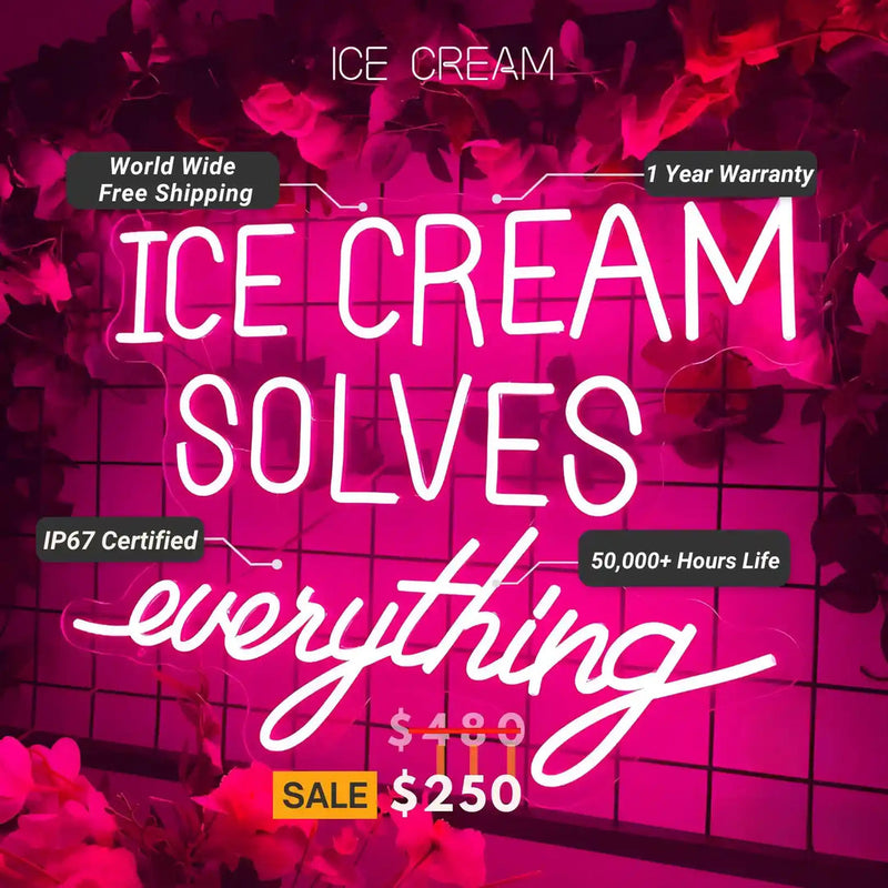 Ice Cream Solves Everything LED neon sign glowing brightly, ideal for ice cream shops, cafés, and playful home décor by Neon.Shop