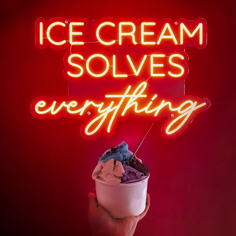 Ice Cream Solves Everything LED neon sign glowing brightly, ideal for ice cream shops, cafés, and playful home décor by Neon.Shop