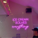 Ice Cream Solves Everything LED neon sign glowing brightly, ideal for ice cream shops, cafés, and playful home décor by Neon.Shop