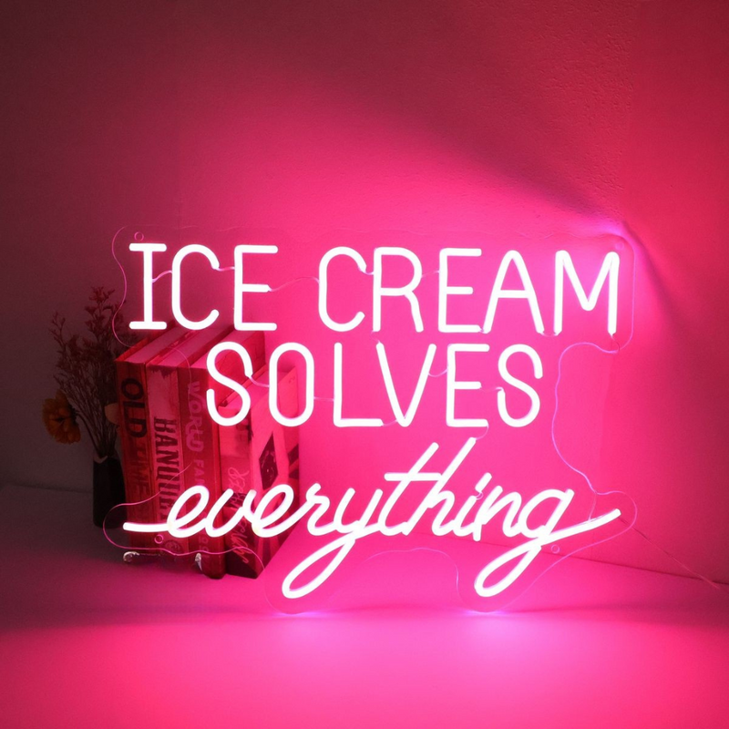 Ice Cream Solves Everything LED neon sign glowing brightly, ideal for ice cream shops, cafés, and playful home décor by Neon.Shop