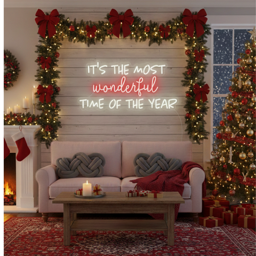 It’s the Most Wonderful Time of the Year Merry Christmas Neon Sign by Neon.Shop featuring glowing festive lettering for holiday décor.