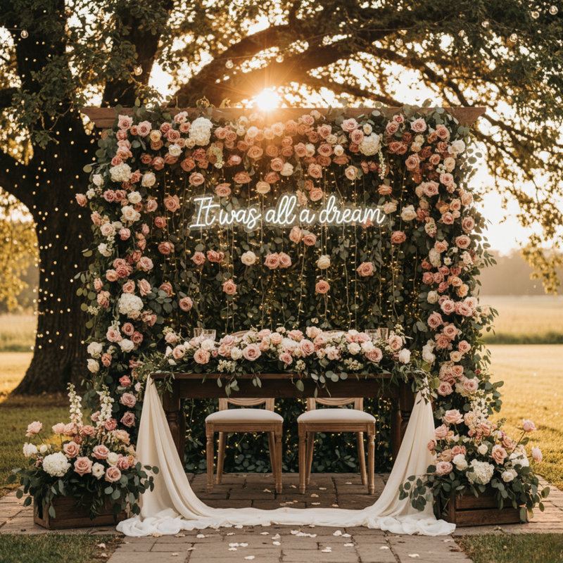 It Was All a Dream wedding LED neon sign glowing on backdrop – Neon.Shop