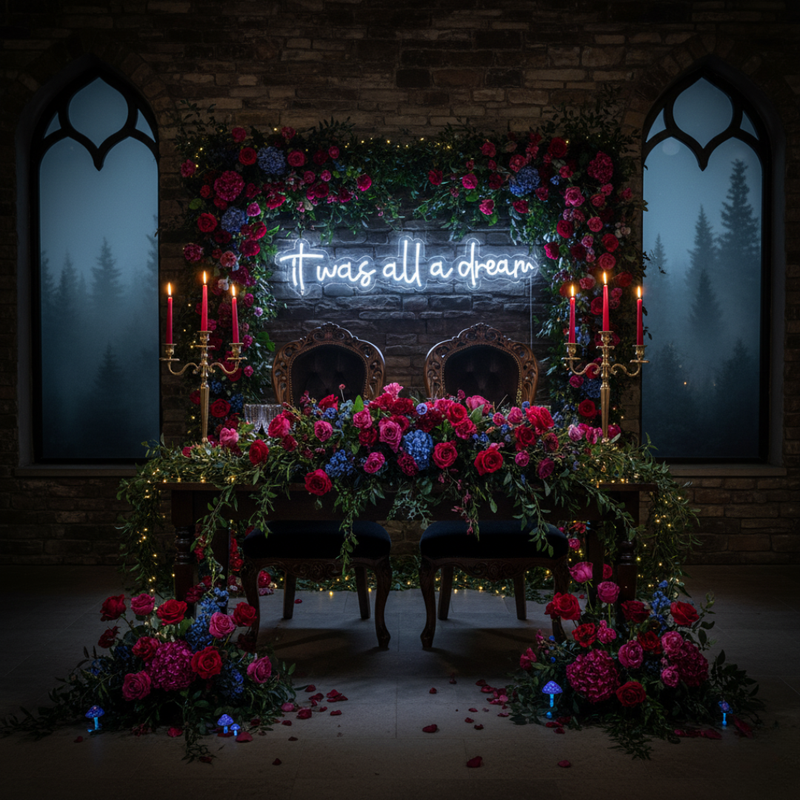 It Was All a Dream wedding LED neon sign glowing on backdrop – Neon.Shop