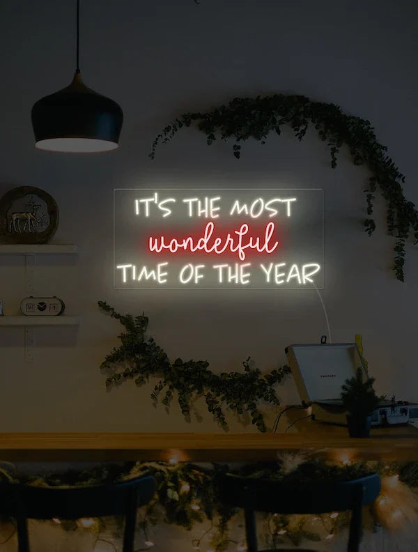It’s the Most Wonderful Time of the Year Merry Christmas Neon Sign by Neon.Shop featuring glowing festive lettering for holiday décor.
