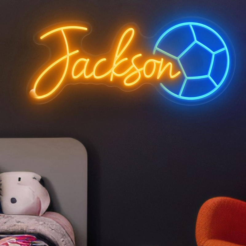 JACKSON Name LED Neon Sign by Neon.Shop glowing brightly, custom LED name light for bedroom décor, offices, gaming rooms, parties, and modern home styling.