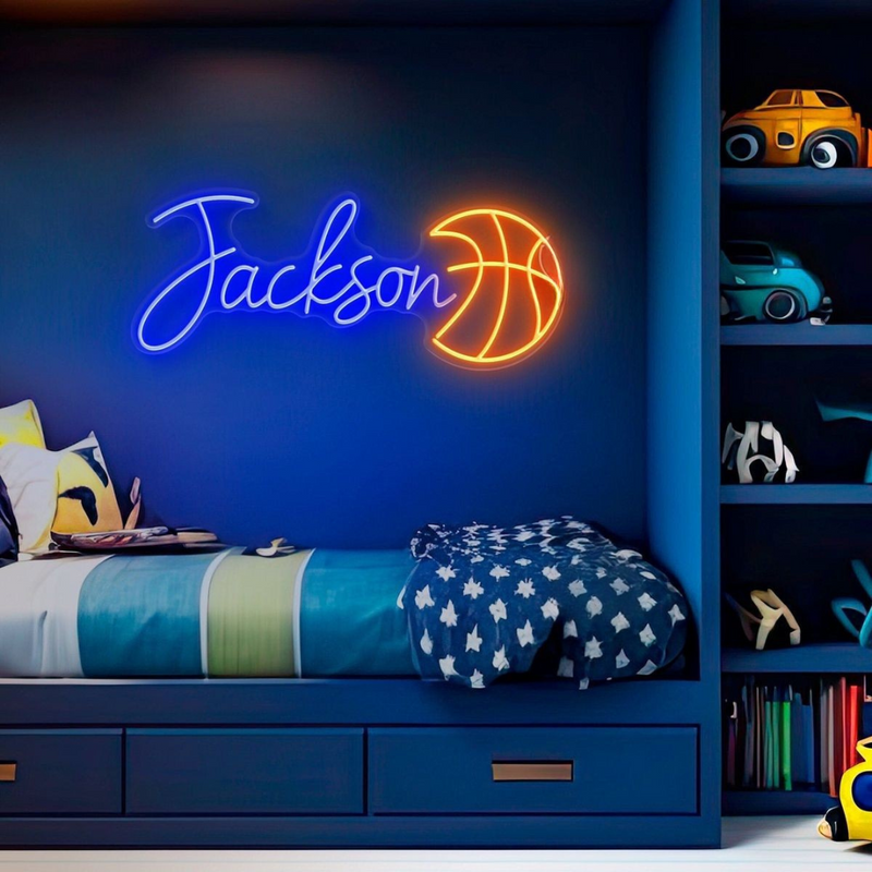 JACKSON Name LED Neon Sign by Neon.Shop glowing brightly, custom LED name light for bedroom décor, offices, gaming rooms, parties, and modern home styling.