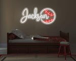 JACKSON Name LED Neon Sign by Neon.Shop glowing brightly, custom LED name light for bedroom décor, offices, gaming rooms, parties, and modern home styling.