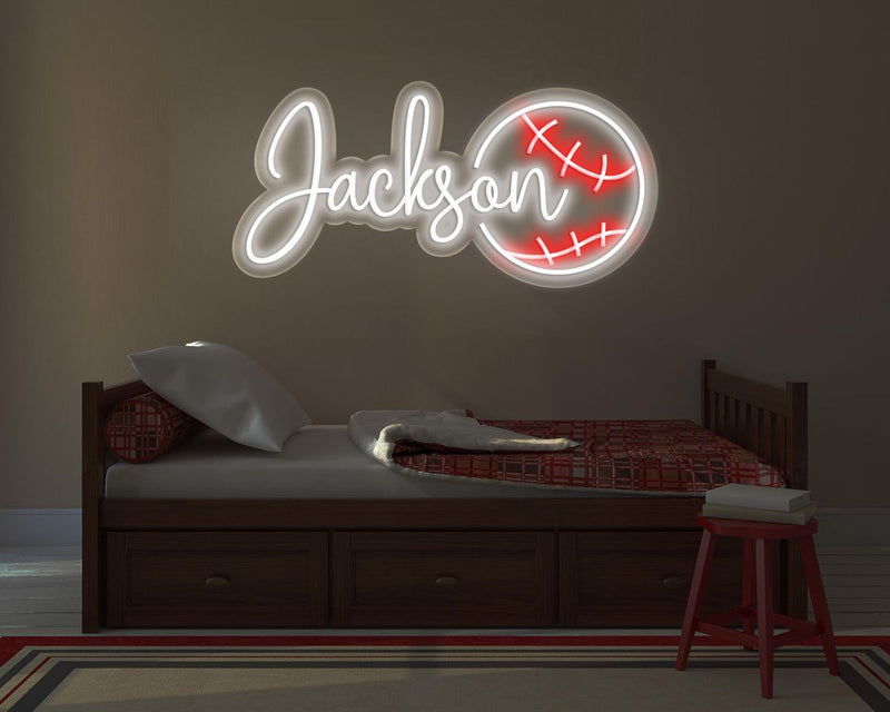 JACKSON Name LED Neon Sign by Neon.Shop glowing brightly, custom LED name light for bedroom décor, offices, gaming rooms, parties, and modern home styling.