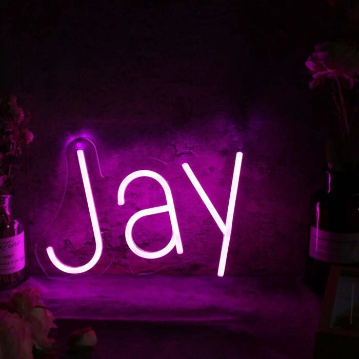 Jay Name LED Neon Sign in customizable LED tubing, personalized wall-mounted name light décor by Neon.Shop for bedrooms, events, and gifts.
