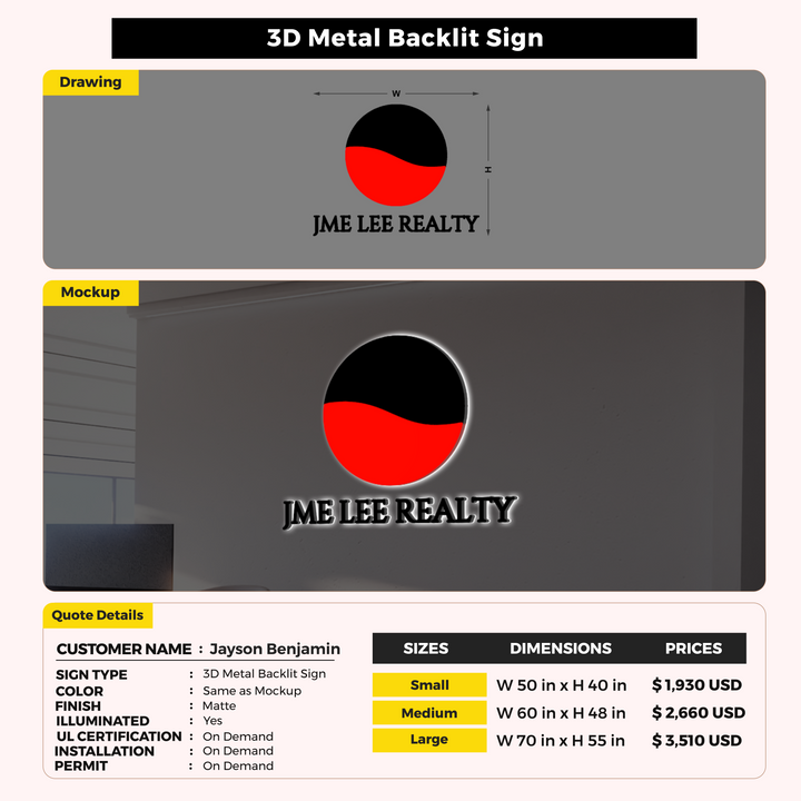 3D Metal backlit Sign For Jayson Benjamin