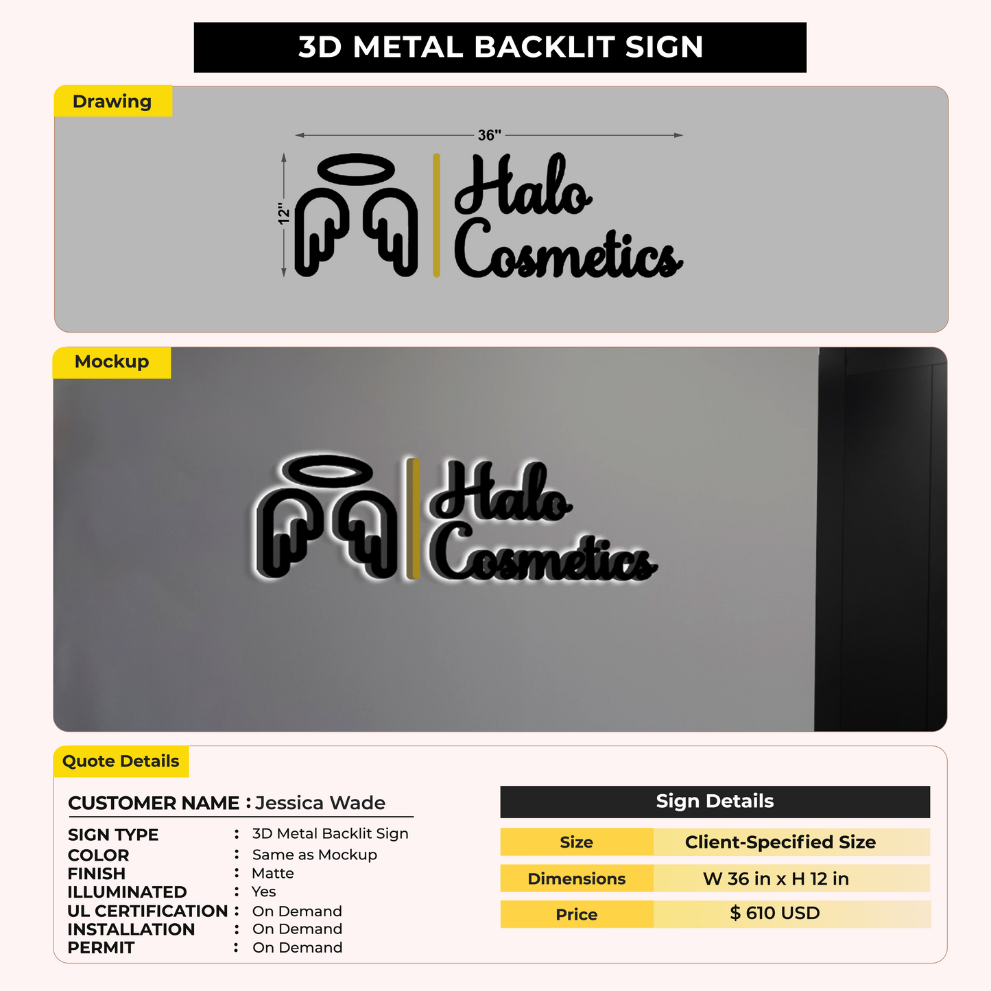 3D Metal Backlit Sign For Jessica Wade