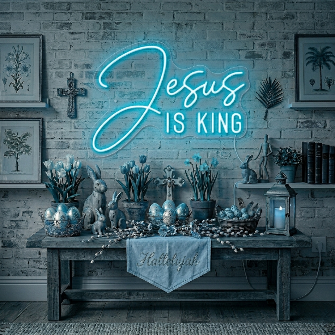 Jesus Is King Easter Neon Sign glowing Christian LED wall decor by Neon.Shop