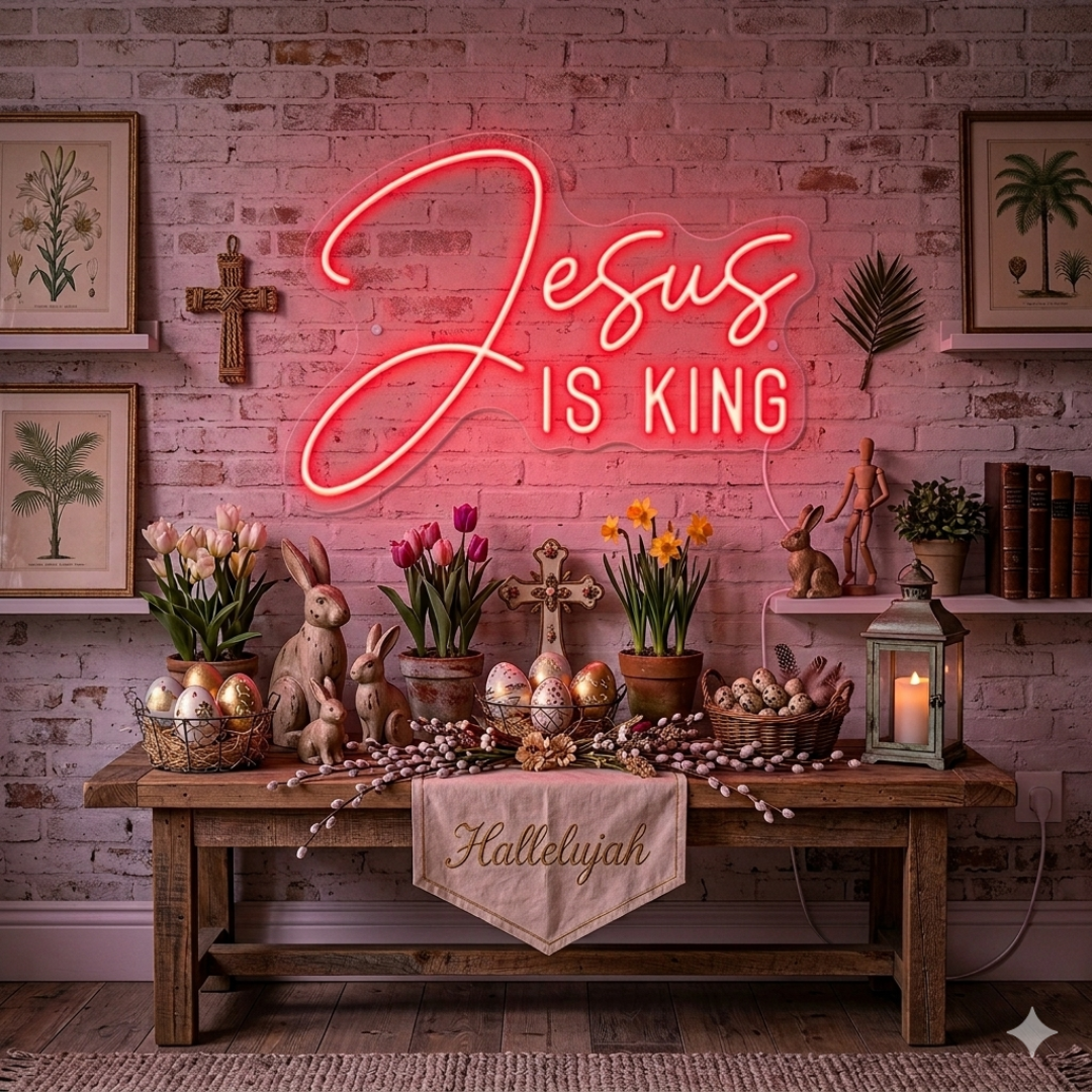 Jesus Is King Easter Neon Sign glowing Christian LED wall decor by Neon.Shop
