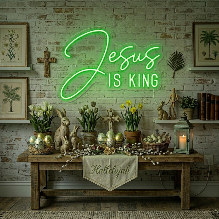 Jesus Is King Easter Neon Sign glowing Christian LED wall decor by Neon.Shop