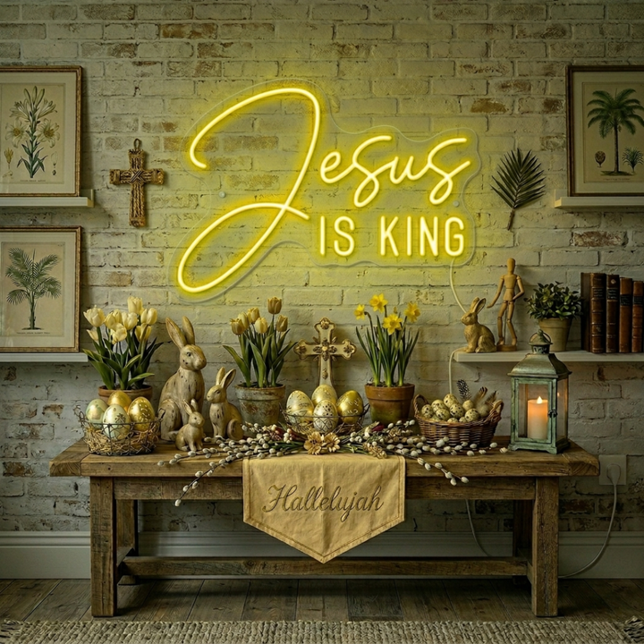 Jesus Is King Easter Neon Sign glowing Christian LED wall decor by Neon.Shop