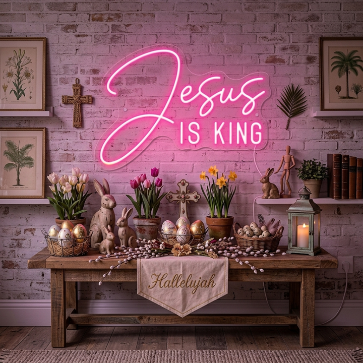 Jesus Is King Easter Neon Sign glowing Christian LED wall decor by Neon.Shop