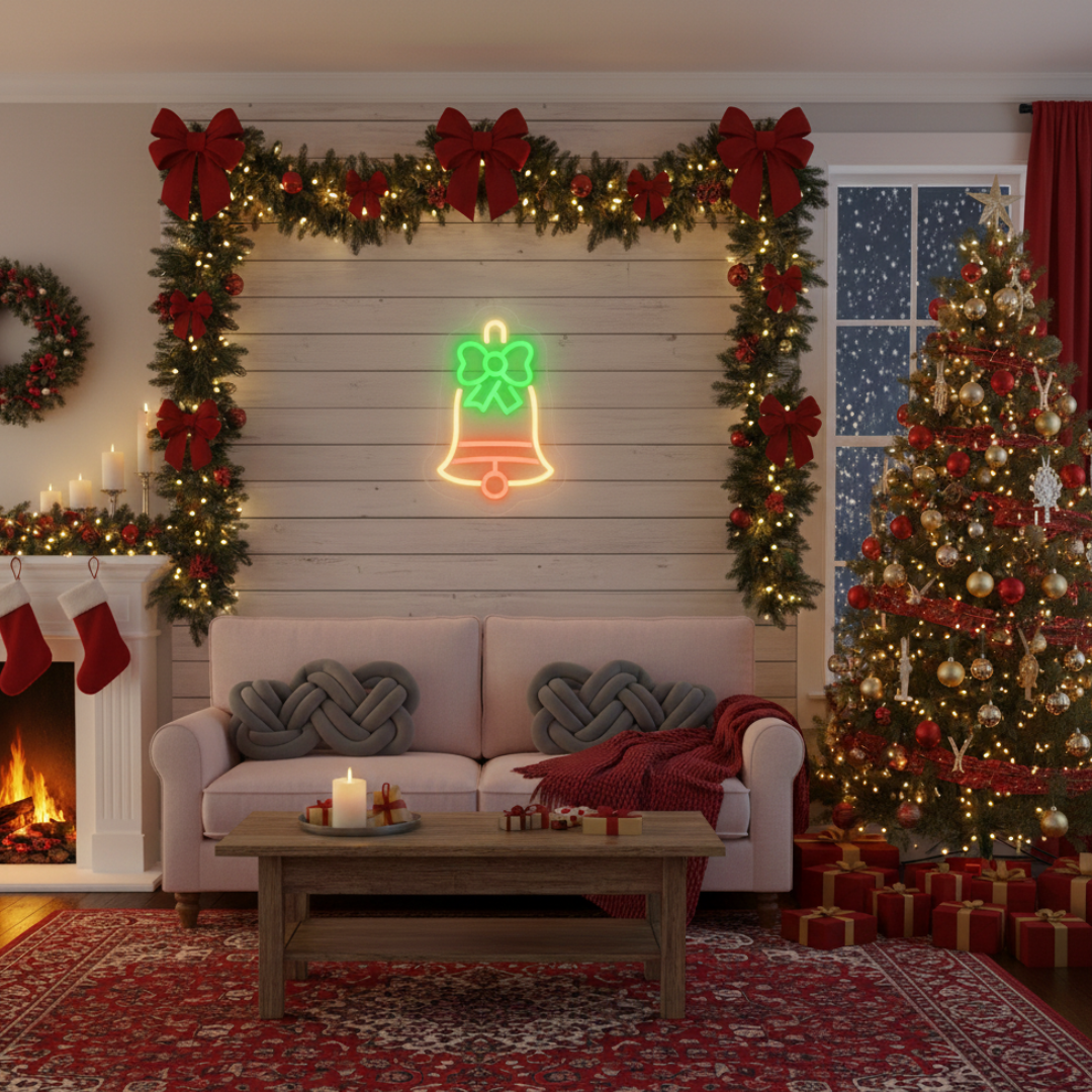 Jingle Bells Merry Christmas Neon Sign by Neon.Shop featuring glowing festive Lights for holiday décor.