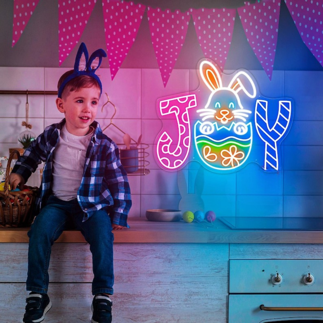 Joy Bunny Easter Neon Sign with glowing LED bunny and “Joy” text for festive spring wall décor by Neon.Shop