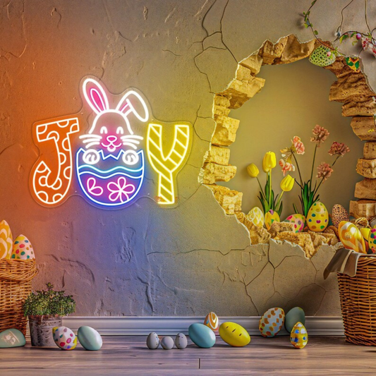 Joy Bunny Easter Neon Sign with glowing LED bunny and “Joy” text for festive spring wall décor by Neon.Shop