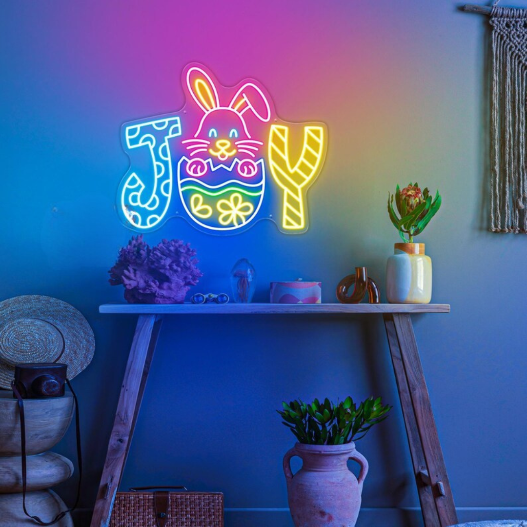 Joy Bunny Easter Neon Sign with glowing LED bunny and “Joy” text for festive spring wall décor by Neon.Shop