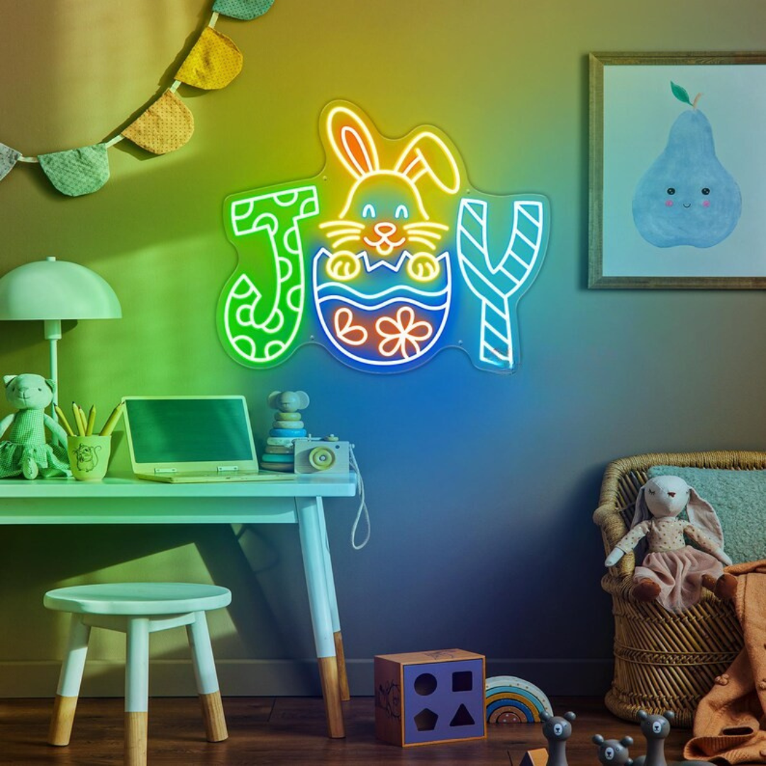 Joy Bunny Easter Neon Sign with glowing LED bunny and “Joy” text for festive spring wall décor by Neon.Shop