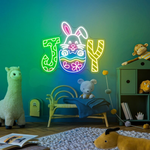 Joy Bunny Easter Neon Sign with glowing LED bunny and “Joy” text for festive spring wall décor by Neon.Shop