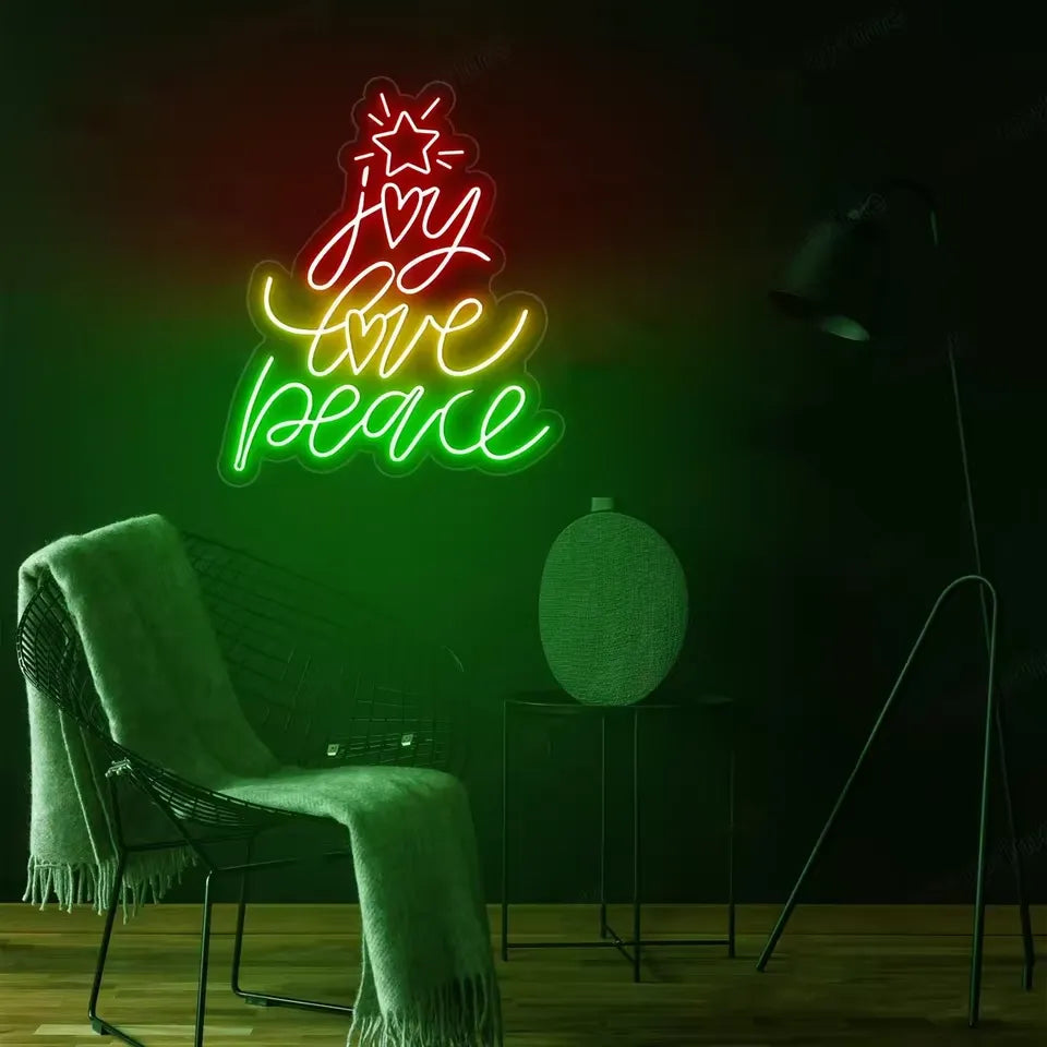 Joy Love Peace Merry Christmas Neon Sign by Neon.Shop with glowing festive lettering for holiday décor.