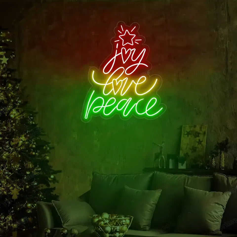 Joy Love Peace Merry Christmas Neon Sign by Neon.Shop with glowing festive lettering for holiday décor.