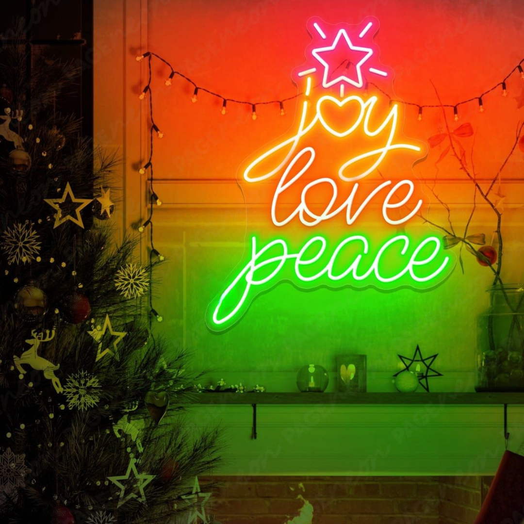 Joy Love Peace Merry Christmas Neon Sign by Neon.Shop with glowing festive lettering for holiday décor.