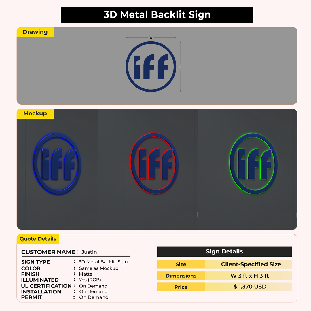 3D Metal backlit Signs for Justin