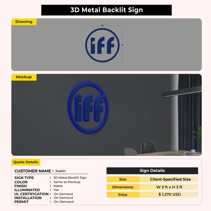 3D Metal backlit Signs for Justin