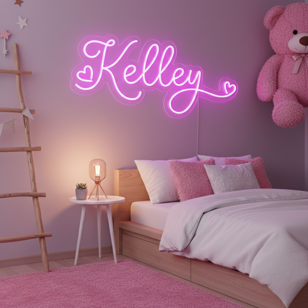 KELLEY LED Neon Name Sign by Neon.Shop adding warm LED glow to bedrooms, studios, and living spaces.