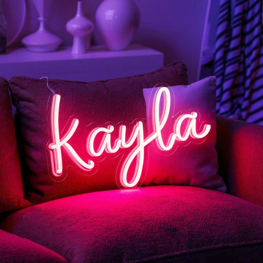 Kayla Name LED Neon Sign in customizable LED tubing, personalized wall-mounted name light décor by Neon.Shop for bedrooms, events, and gifts.