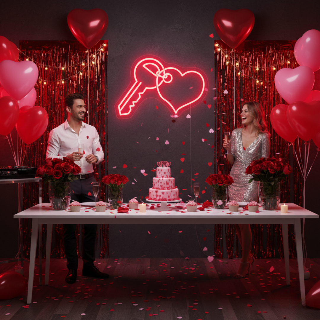 Key With Heart Valentine’s Day Neon Sign glowing on wall for romantic décor by Neon.Shop