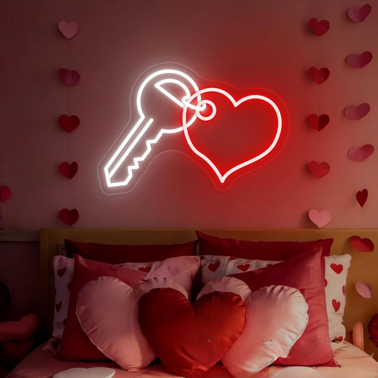 Key With Heart Valentine’s Day Neon Sign glowing on wall for romantic décor by Neon.Shop