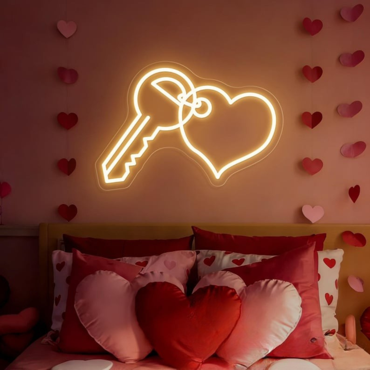 Key With Heart Valentine’s Day Neon Sign glowing on wall for romantic décor by Neon.Shop