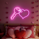 Key With Heart Valentine’s Day Neon Sign glowing on wall for romantic décor by Neon.Shop