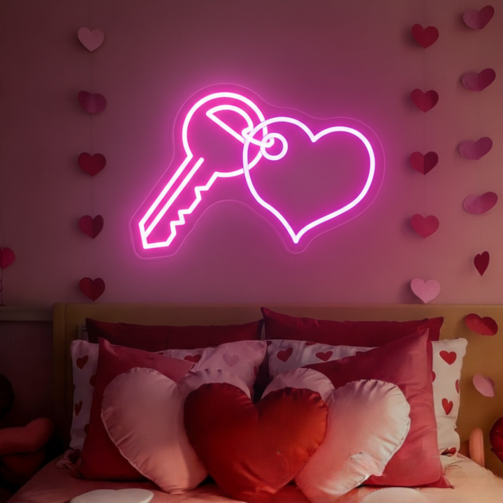 Key With Heart Valentine’s Day Neon Sign glowing on wall for romantic décor by Neon.Shop