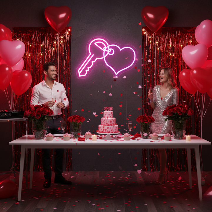 Key With Heart Valentine’s Day Neon Sign glowing on wall for romantic décor by Neon.Shop