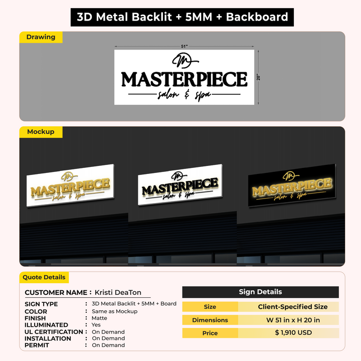 3D Metal Backlit Sign + 5MM with Backboard for Kristi DeaTon